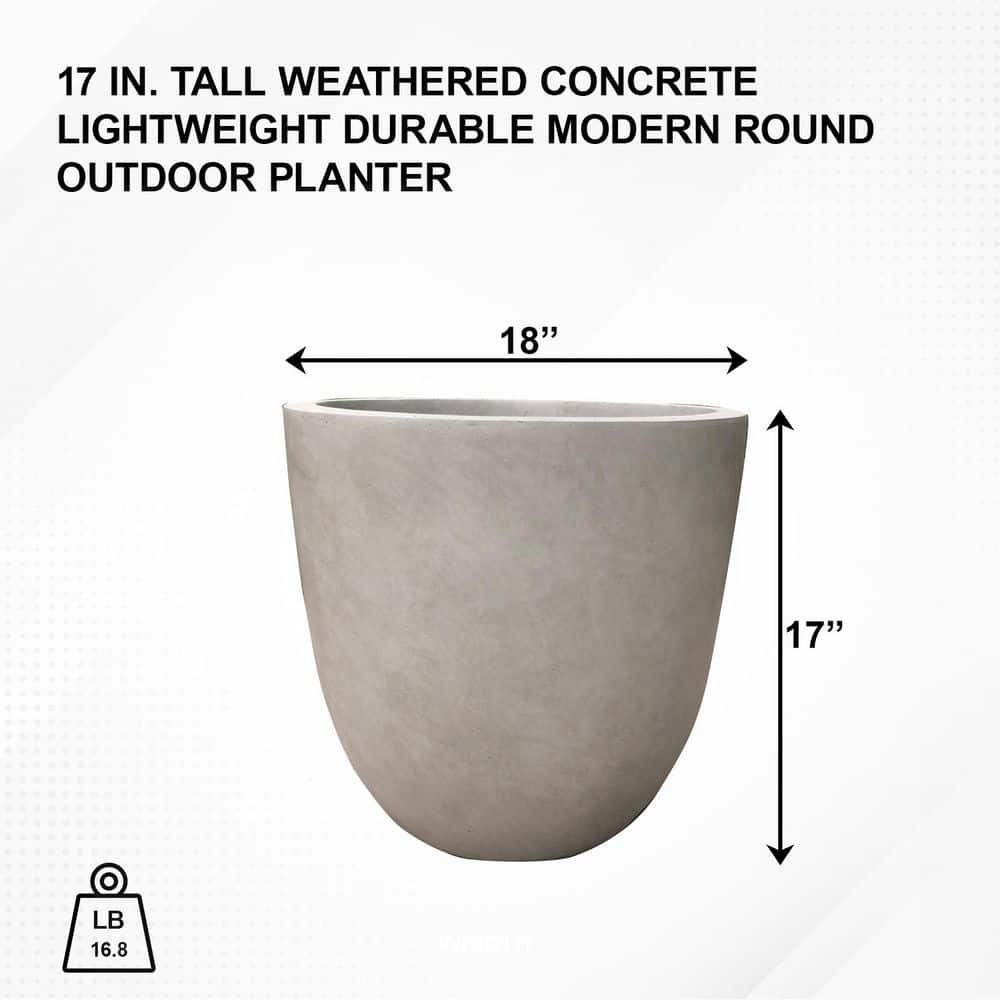 KANTE 17 in. Tall Weathered Concrete Lightweight Durable Modern Round Outdoor Planter RC0050C-C80021-2