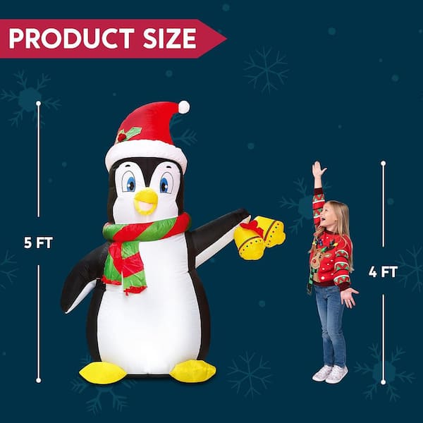 5 ft. Christmas Inflatable Penguin Decoration, Blow Up Yard Decoration Holiday Life-Size with Built-in LEDs