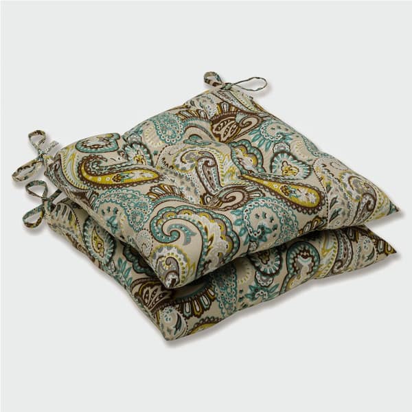 Pillow Perfect Paisley 19 in. x 18.5 in. 2-Piece Outdoor Dining Chair Cushion Blue/Brown Tamara Quartz