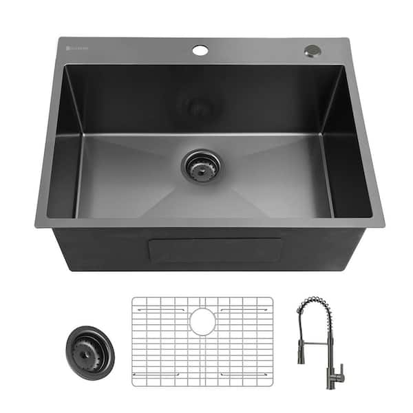 25 in. Drop-In Single Bowl 18 Gauge Gunmetal Black Stainless Steel Kitchen Sink