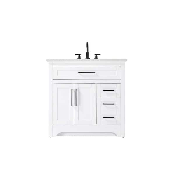 36 in. Single Sink Freestanding White Bath Vanity with Marble White Engineered Marble Top