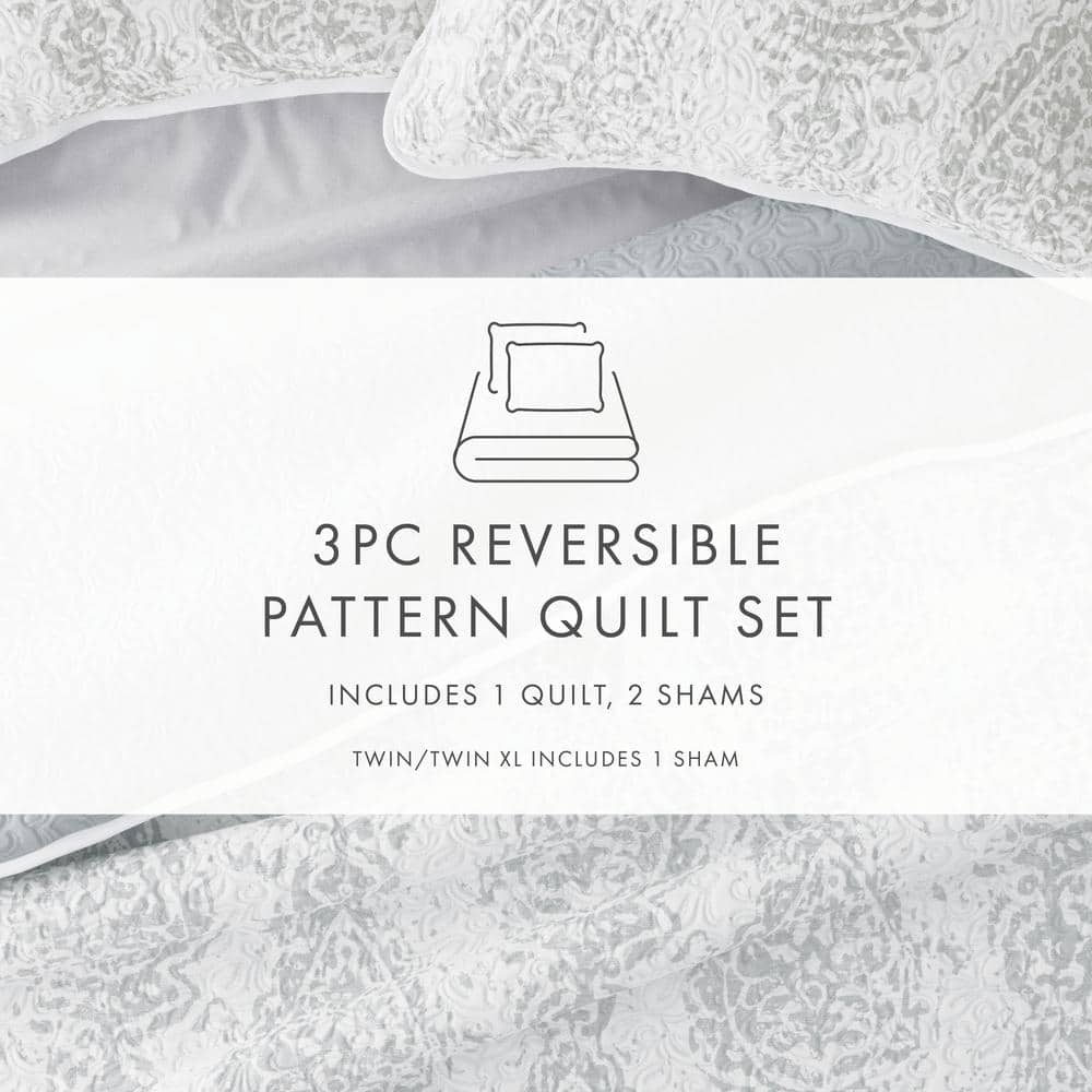 Light Gray Twin Reversible Microfiber Quilt Set with Shams