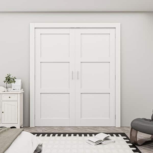 60 in. x 80 in. 3 Lite Solid Core White Wood Double Door Slab Panels without Jamb Interior Bi-Fold Door With Ball Catch