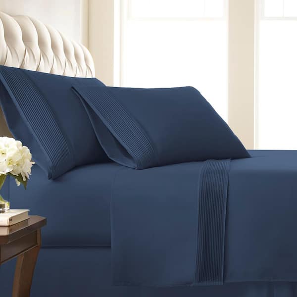 Southshore Fine Linens Vilano Pleated 21 in. Extra-Deep Pocket 4-Piece Dark Blue Queen Microfiber Sheet Set