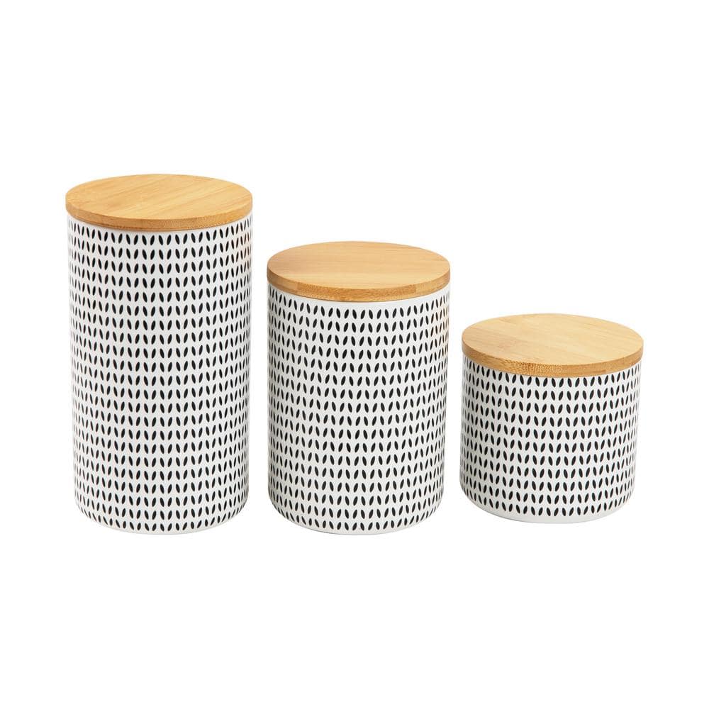 Scandinavian Ceramic Canister Set with Wooden Lids, Black and White