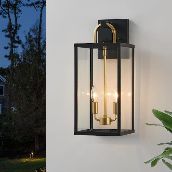 Black and Gold Wall Lantern Outdoor Sconce-20.12 in. with Clear Glass Shade
