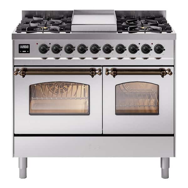 Nostaglie II 40 in. 6-Burners Freestanding Dual Fuel Range in Stainless Steel with Burnished Trim