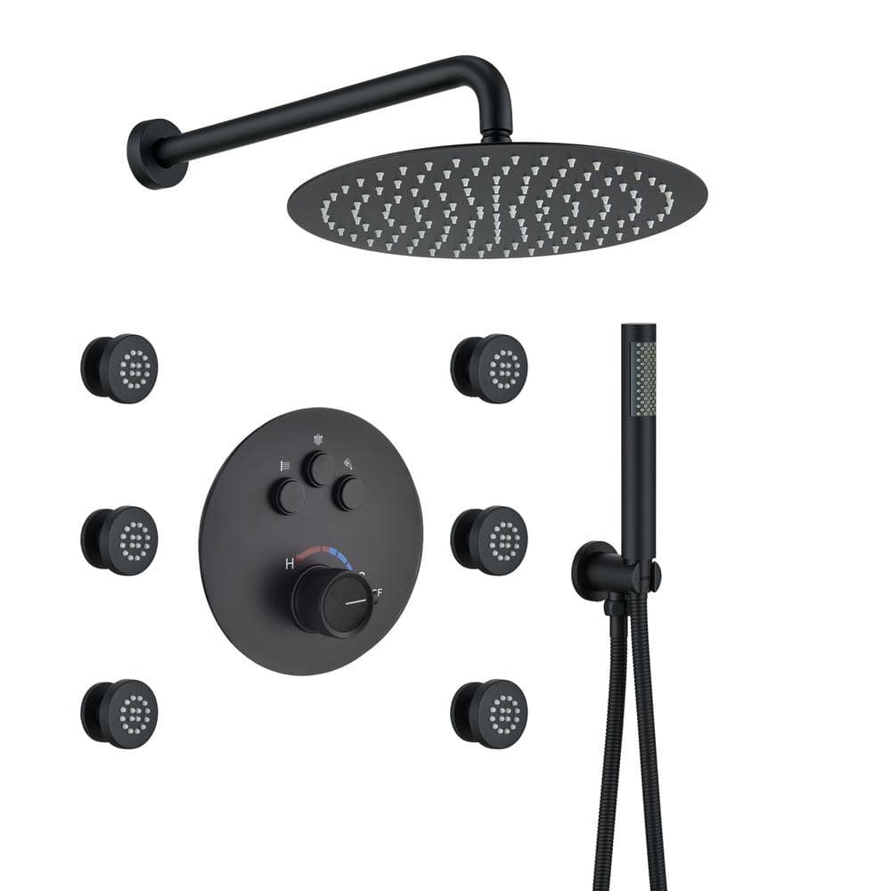 Large Matte Black Dual Rainfall Shower System with 6 Body Jets