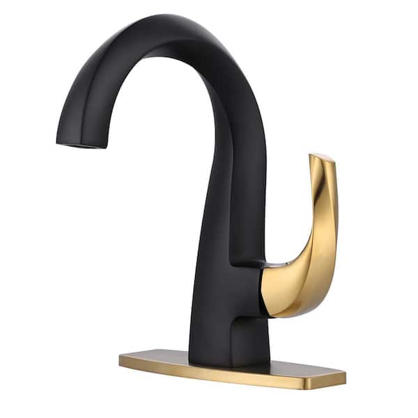 Single Handle Single Hole Brass Bathroom Sink Faucet with Deck Plate and Pop-Up Drain in Gold and Black