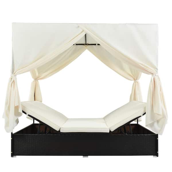 Black Wicker Outdoor Day Bed with CushionGuard Beige Cushions