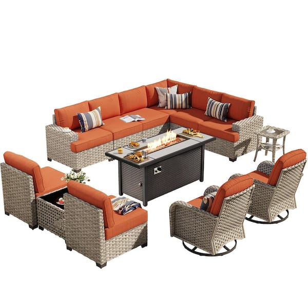 Reverie 13 Pieces Wicker Outdoor Patio Rectangular Fire Pit Set and Swivel Rocking Chairs with Orange Red Cushions