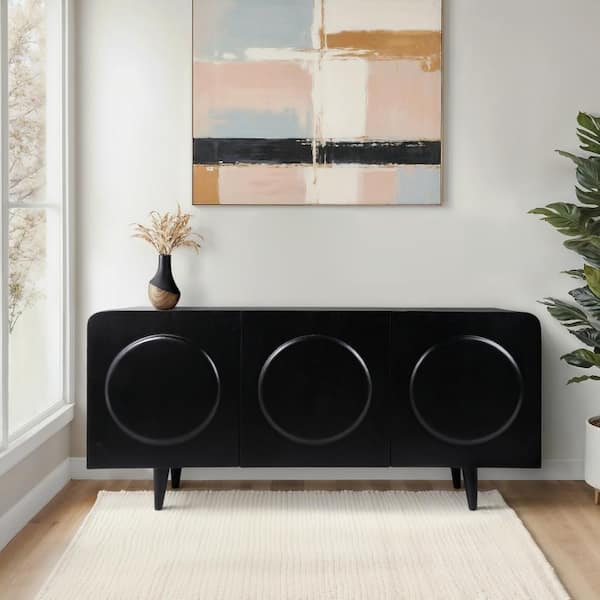 Black Wood 63 in. Large Circles 3-Door Sideboard