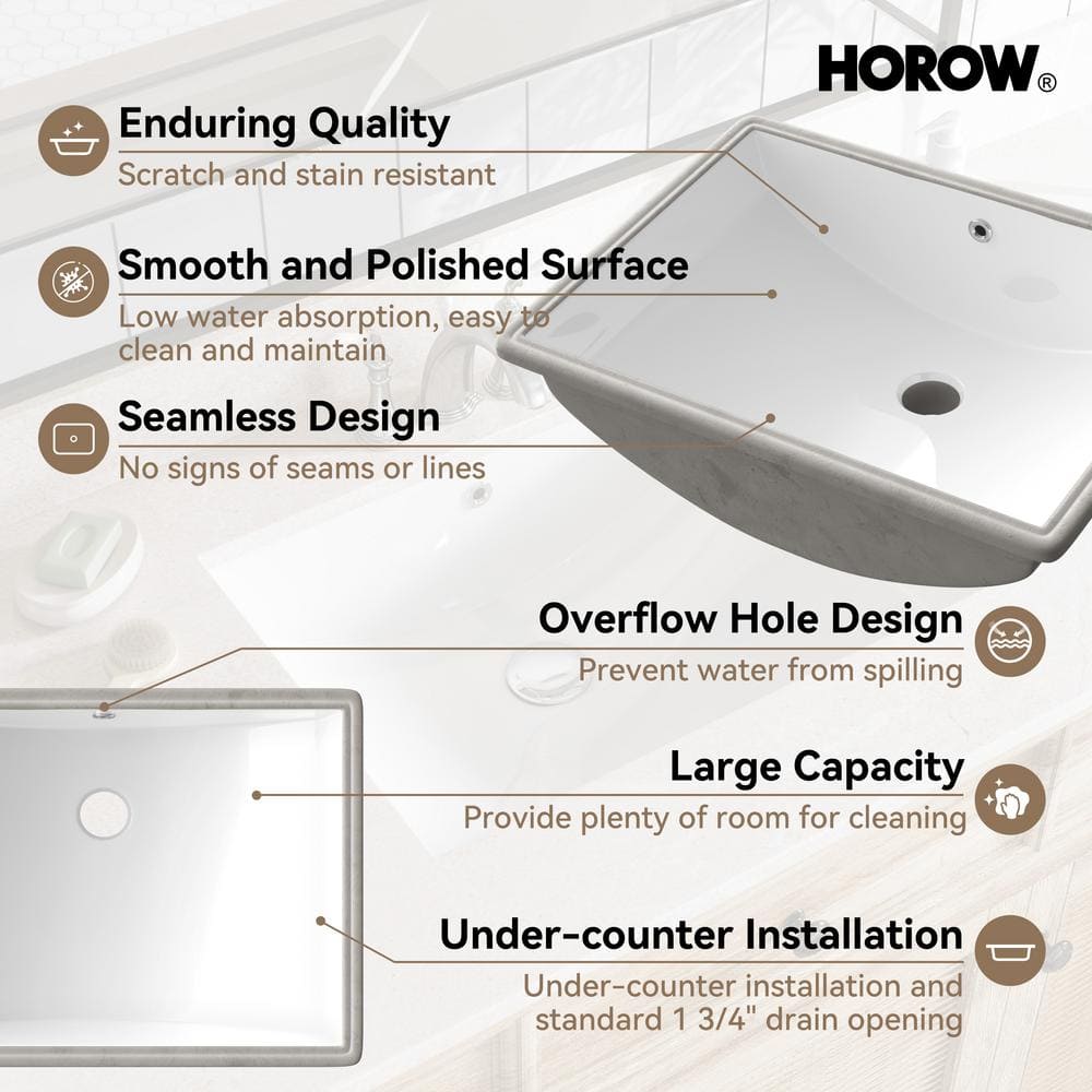 White Rectangular Ceramic Undermount Bathroom Sink with Overflow Hole
