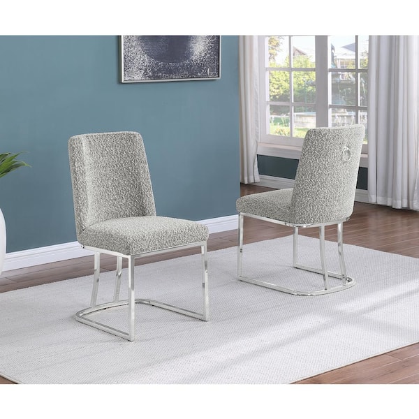 Best Quality Furniture Millie Rich Grey Boucle Fabric Side Chair Set of 2 with Chrome Plated Legs