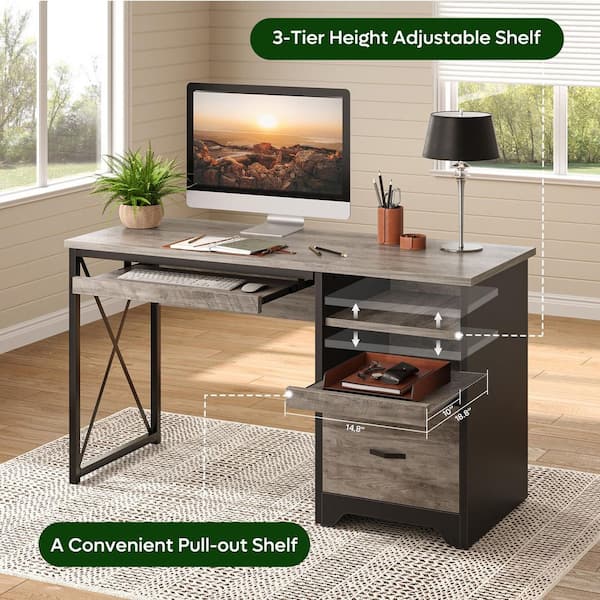 48 in. Rectangular Gray Reversible Office Desk with File Drawer and Pull-Out Shelf, Writing Desk with Keyboard Tray