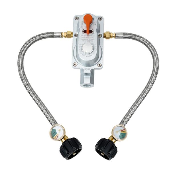Hitechluxe 2-Stage RV Propane Auto Changeover Regulator Kit with 2 Gauges and 12 in. Braided Hoses for Dual-Tank Trailers/Camper