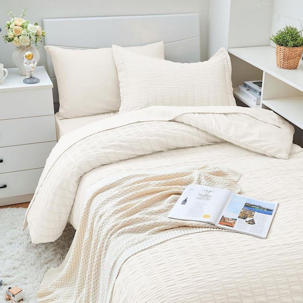 Seersucker All Seasons 5 Pieces Ivory Twin XL Comforter Set Soft Microfiber Bed in a Bag