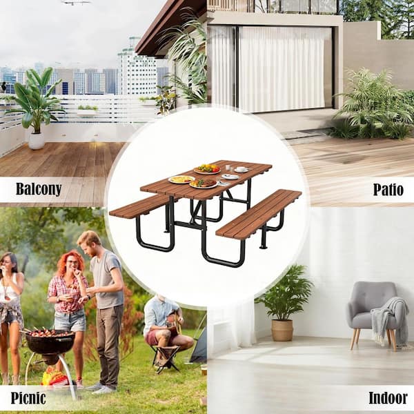 Thanaddo 72 in. Brown Rectangle Steel Frame Picnic Table Set Seats
