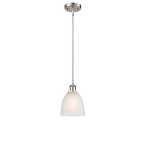Castile 1-Light Brushed Satin Nickel Cage Pendant Light with White Glass Shade