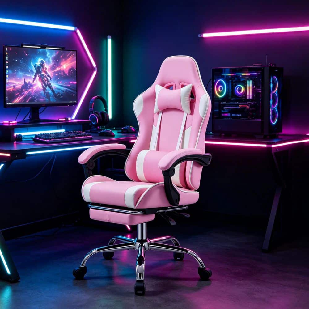Leather Pocket Spring Reclining Ergonomic Office Gaming Chair in White and Pink with Adjustable Arms