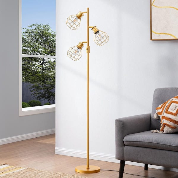 EDISHINE 65 in. Gold 3-Light Smart Dimmable Swing Arm Floor Lamp for Living Room with Elegant Cages