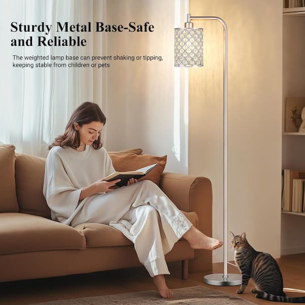 67 in. Modern Silver Arc Floor Lamp with Crystal Lampshade Pedal Switch Standing Lamp for Living Room, LED Bulb Included