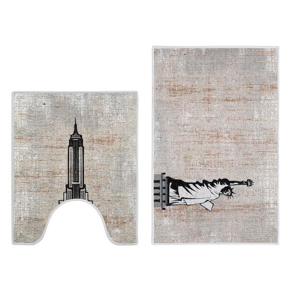 Beige Color Toilet Mat Set, 2-Piece Cotton Bathroom Contour Rugs Set