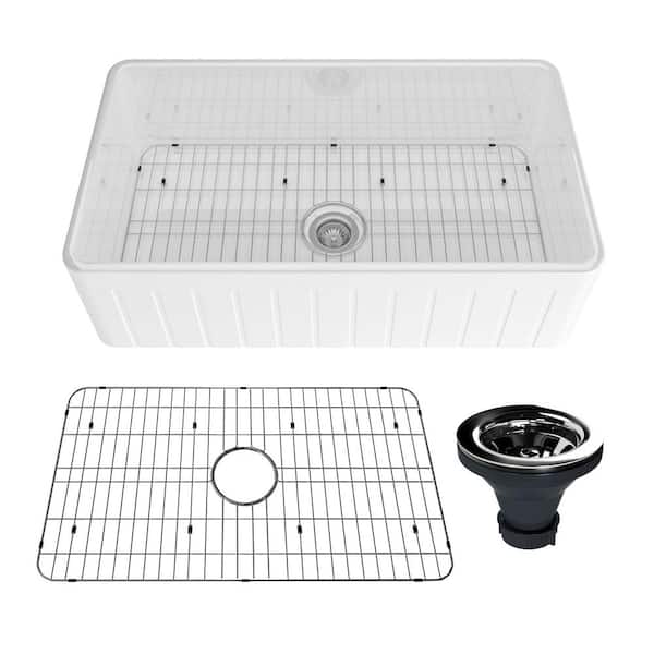 33 in. Farmhouse Apron Single Bowl Striped Design Glossy White Fireclay Kitchen Sink with Bottom Grid and Strainer