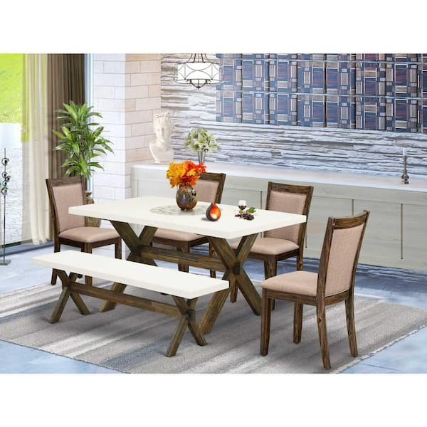 East West Furniture 6-Piece Rectangle Distressed Jacobean Finish Solid Wood Top Dining Table with 1-Bench, 4-Chairs with Lattice Back
