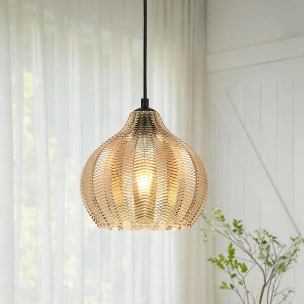 RayHome 9.05in 1-Light Modern Matte Black Pendant Light with Ribbed Amber Glass Shade,Adjustable Cord for Kitchen Island