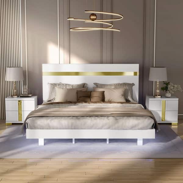 Furniture of America Nina 3-Piece White and Gold Trim Wood Frame King Platform Bedroom Set with Underbed LED and Bracketed Metal Legs