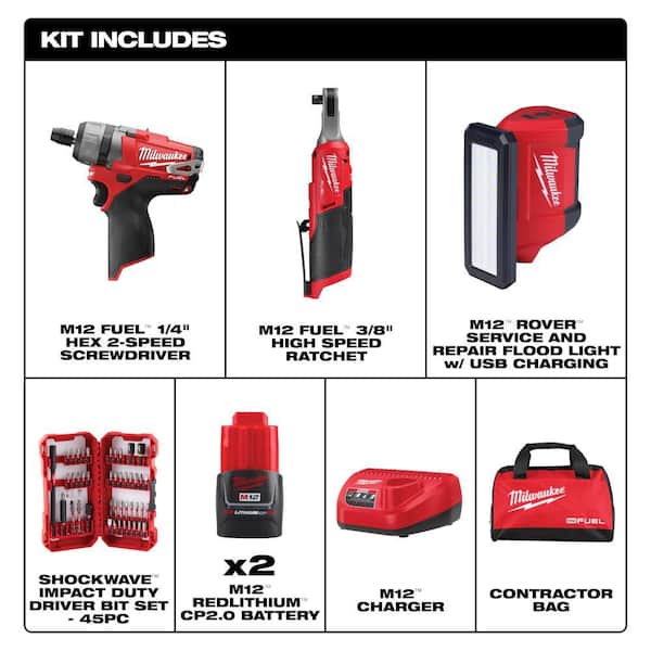 M12 12V Lithium-Ion Cordless Screwdriver, 3/8 in. Ratchet, Light (3-PC Combo Kit) W/ 2 Batteries, Charger, & Bit Set