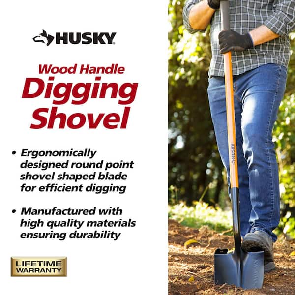 Husky 47 in. Wood Handle Carbon Steel Digging Shovel with Cushion