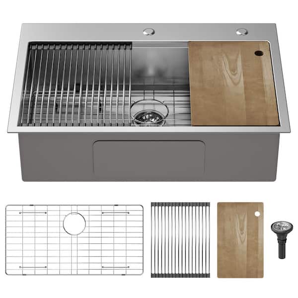 33 in. Drop-In/Undermount Single Bowl 16 Gauge Silver Stainless Steel Kitchen Sink with Cutting Board