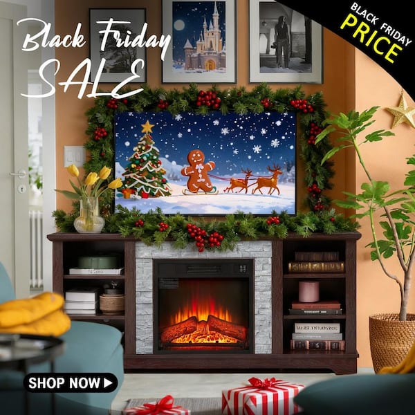 58 in. W Freestanding Wooden Modern Electric Fireplace TV Stand with Faux Stacked Stone Surround in Cherry