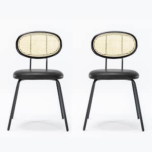 18 in. Black Rattan Rectangular Faux Leather Dining Chairs with Metal Legs(set of 2)