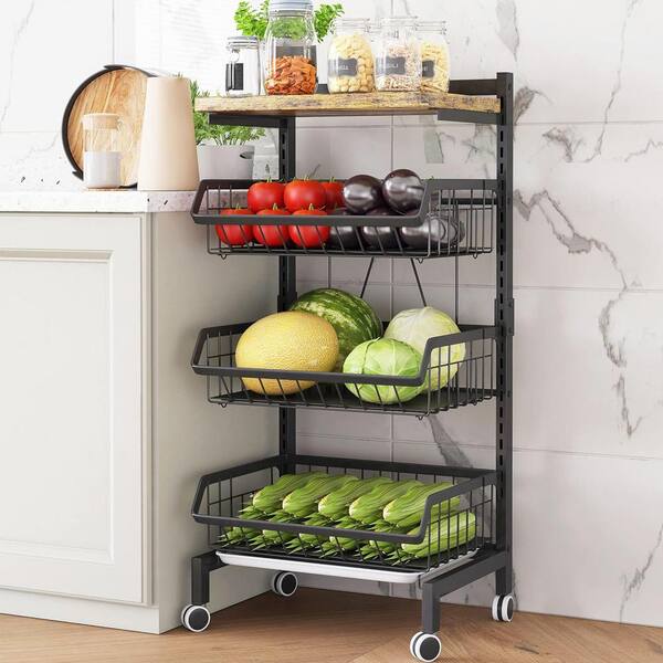 4-Tier Steel Pantry Organizer with Adjustable Fruit Vegetable Basket Cart for Kitchen in Black