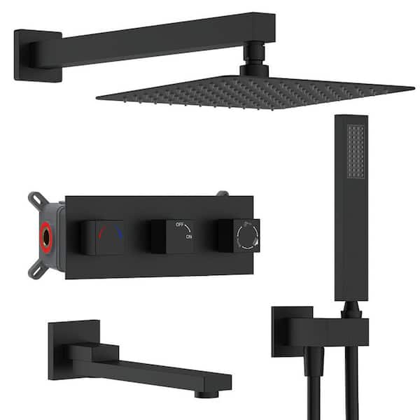GIVING TREE 3-Handles 3-Spray High Pressure 12 in. Tub and Shower Faucet with Wall Mount Shower Heads in Matte Black