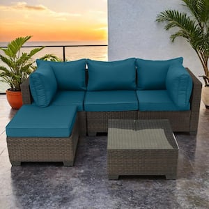 5-Piece Brown Wicker Patio Conversation Set with Peacock Blue Cushions