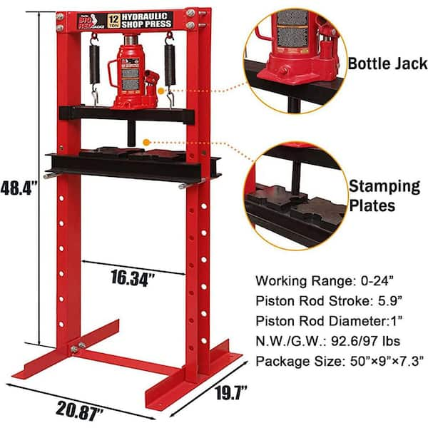 12 Ton Hydraulic Shop Floor Press, HD H-Frame Steel Construction