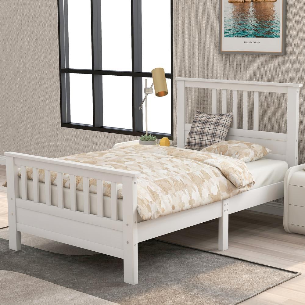 Platform Bed Frame White Twin Size Wood Upholstered Vinyl Bedroom Furniture Home 