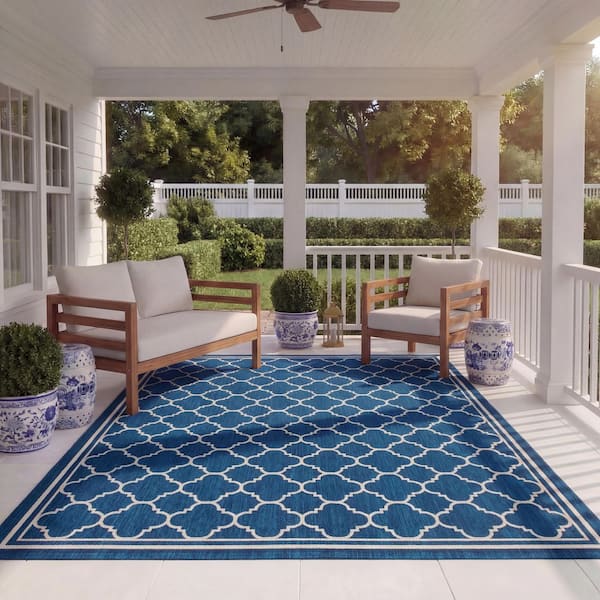 Courtyard Navy/Beige 8 ft. x 11 ft. Geometric Indoor/Outdoor Patio  Area Rug