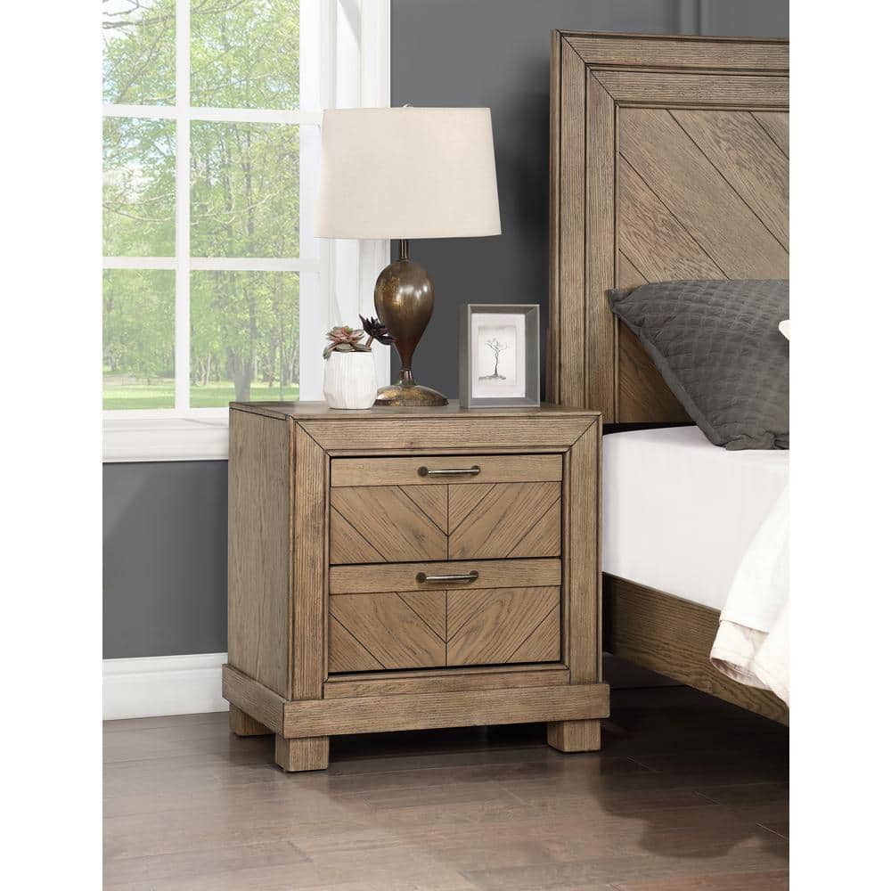 Weathered Sand Rustic Wood 2-Drawer Nightstand