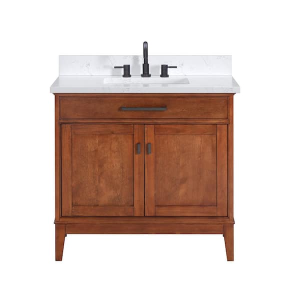 Madison 37 in. Single Sink Tobacco Bath Vanity with Cala White Engineered Stone Top