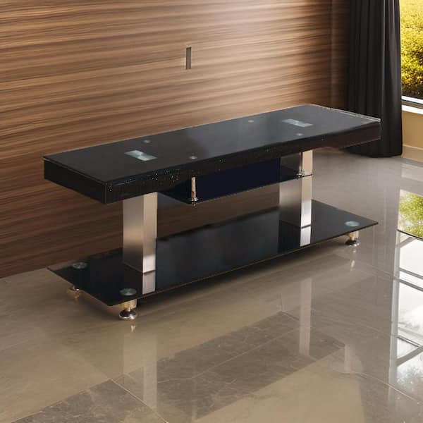 Benjara 60 inch TV Entertainment Console Long Glass Media Shelf Chrome Accents