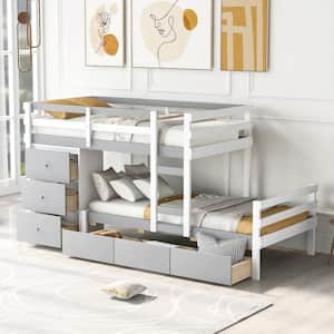 Twin Over Twin Loft Bunk Bed with 6 Drawers and Ladder,Solid Wood Bunk Bed Frame for Kids, Gray