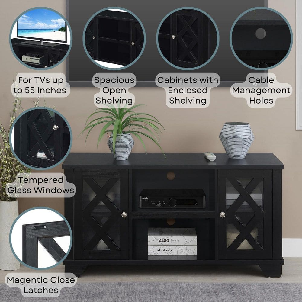 Gateway 48" Black Wood TV Stand with Cabinet Storage