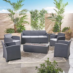 Rensing 7-Piece Plastic Patio Fire Pit Conversation Set with Light Grey Cushions