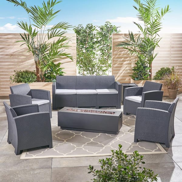 Noble House Rensing 7-Piece Faux Wicker Outdoor Patio Fire Pit Conversation Set with Light Grey Cushions