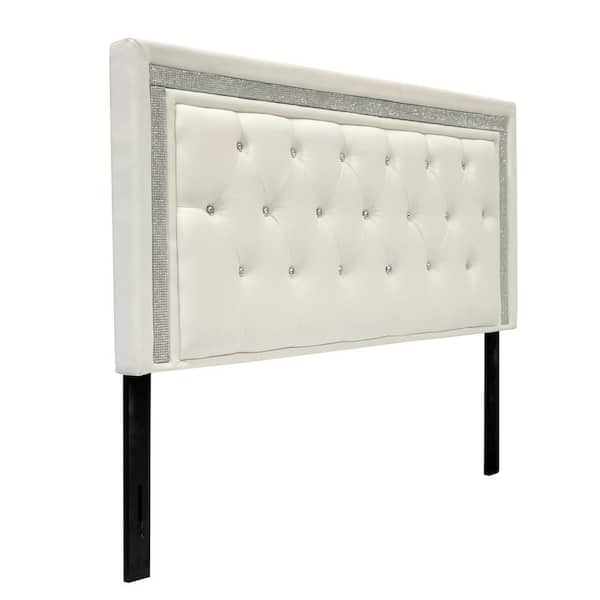 Best Master Furniture Opal White Twin Faux Leather Upholstered Headboard Tufted Crystals Rhinestone